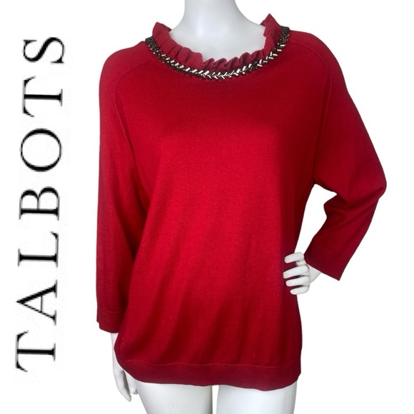 rsvp by Talbots Red Pullover Sweater Ruffle Rhinestone Keyhole Crew Neck Sz XLP - Picture 1 of 17